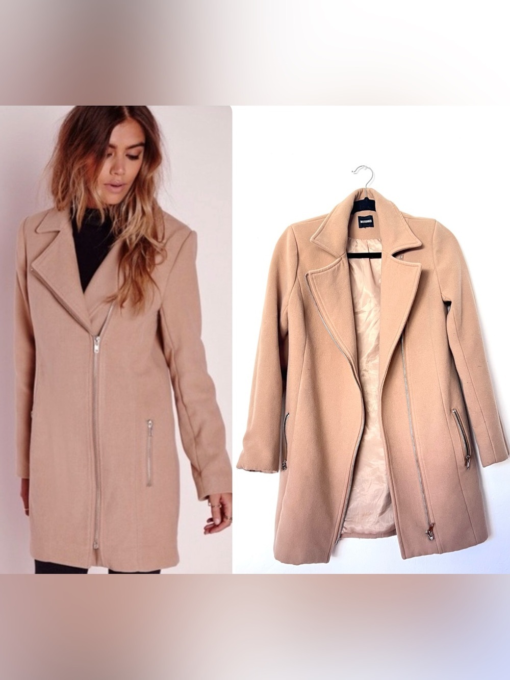 Missguided Camel Moto Pea Coat